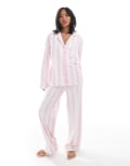 [Loungeable Petite] Loungeable Petite super soft jersey revere top and wide leg pyjama set with piping detail in pink stripe-Multi 8 MULTI