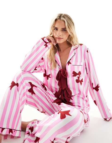 Loungeable Petite supersoft jersey bow print pajama set in pink stripe - view 1