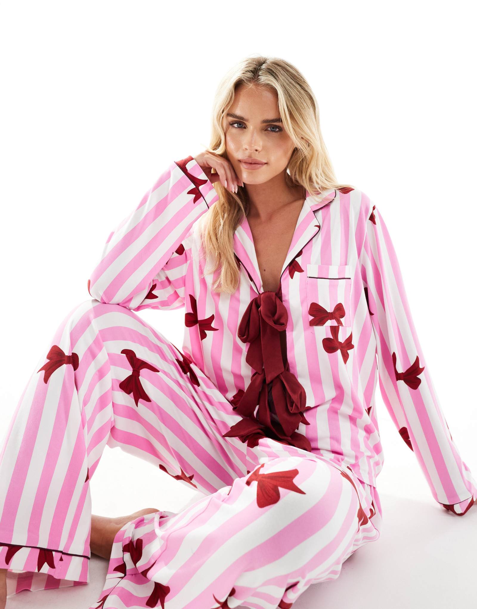 Пижамный комплект из миниатюрного сверхмягкого джерси с бантом и принтом в розовую полоску для отдыха