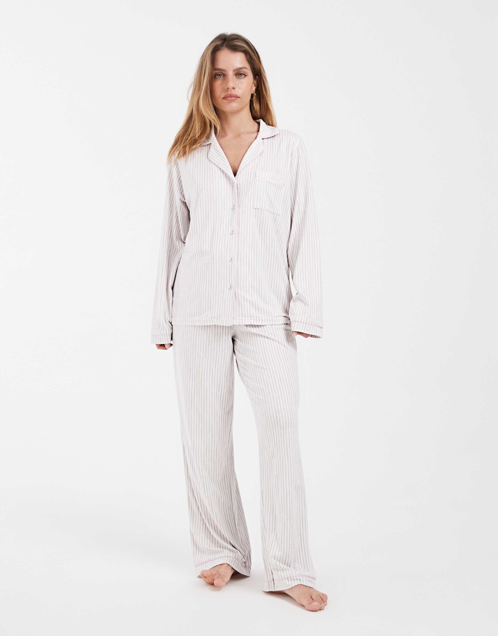 loungeable petite supersoft jersey camp collar top and pants set in beige and white stripes