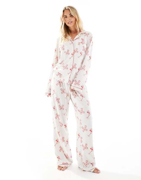Loungeable Petite supersoft jersey cocktails and bows pajama set in cream - view 1