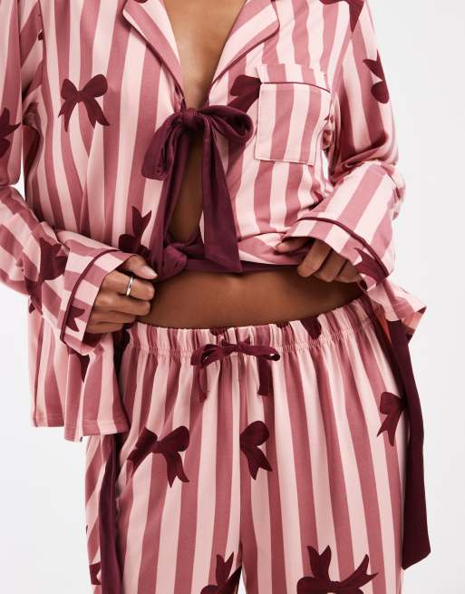 Loungeable Petite supersoft jersey tie front shirt and trouser pyjama set in bow print pink stripe, 3 of 4