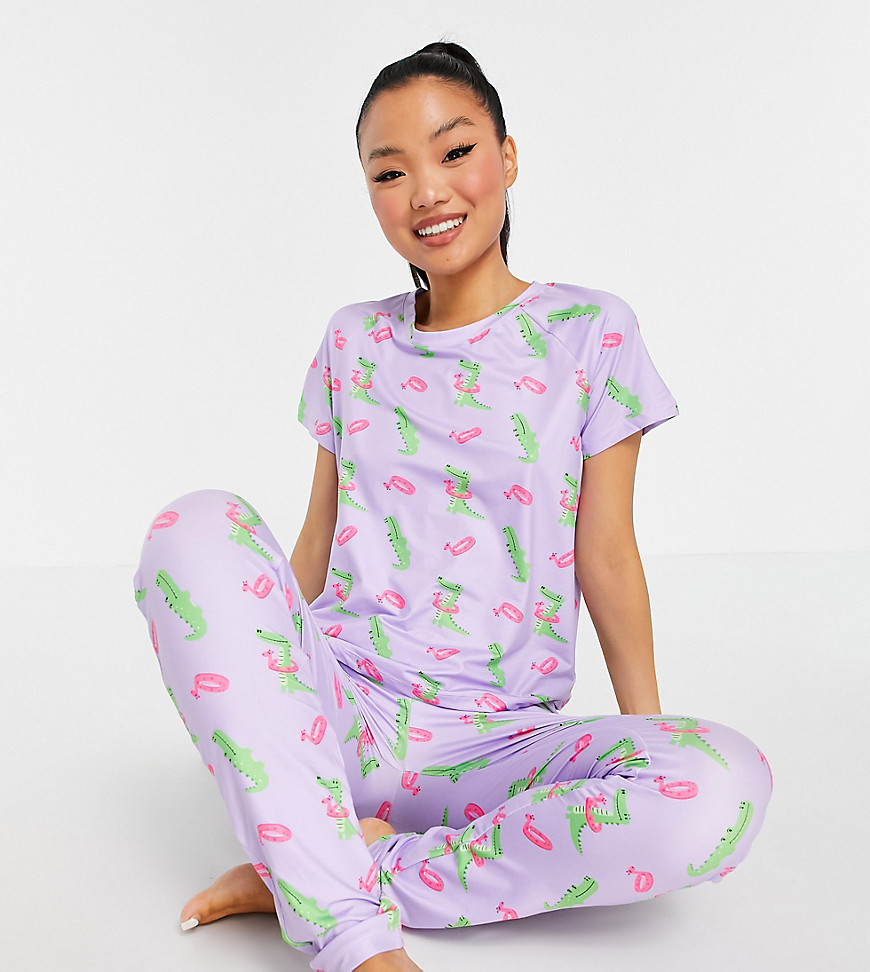 Loungeable Petite t-shirt and legging pajama set with crocodile print in lilac-Multi