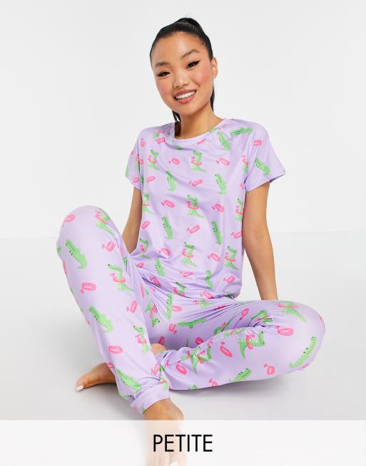 Loungeable Petite t shirt and legging pajama set with crocodile print in lilac