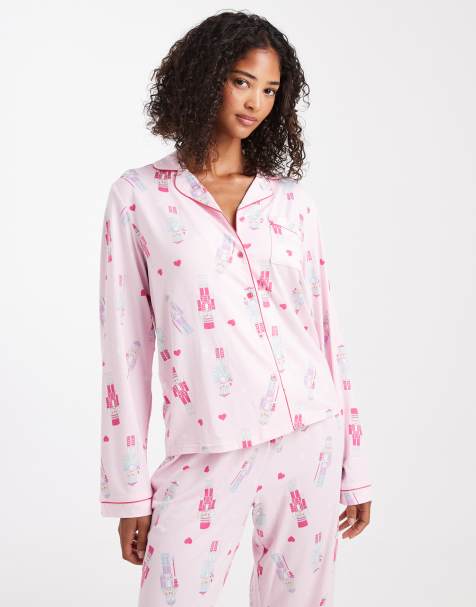 Loungeable - Pigiama in morbidissimo jersey rosa con top con rever e pantaloni - view 1