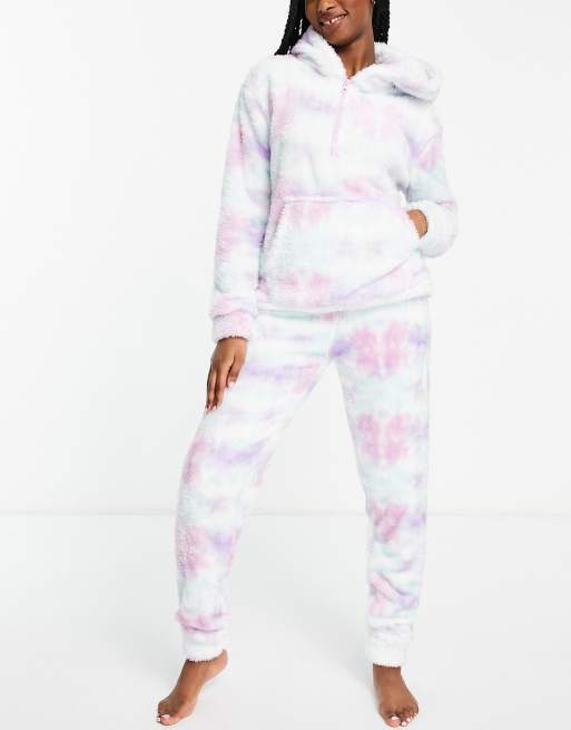 Loungeable - Pigiama in pile con zip corta pastello tie-dye