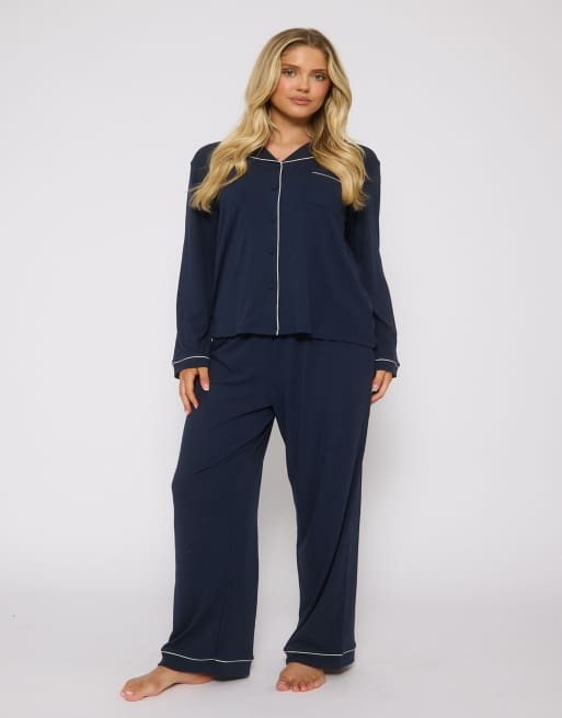 Loungeable - Pigiama tradizionale color blu navy a coste composto da camicia a maniche lunghe e pantaloni lunghi , 6 di 7