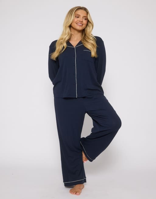 Loungeable - Pigiama tradizionale color blu navy a coste composto da camicia a maniche lunghe e pantaloni lunghi , 7 di 7
