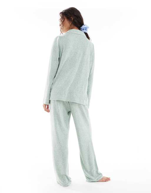 Loungeable - Pigiama tradizionale in maglia a coste spazzolata color verde mélange , 2 di 4
