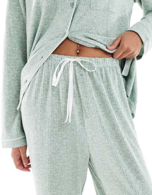 Loungeable - Pigiama tradizionale in maglia a coste spazzolata color verde mélange , 4 di 4