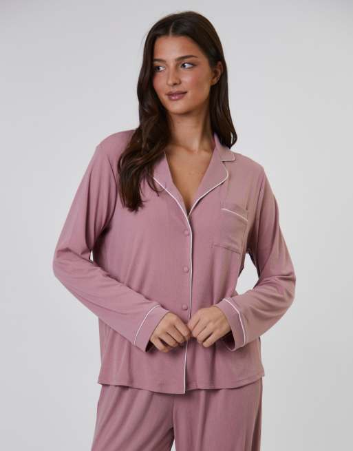 Loungeable - Pigiama tradizionale rosa a coste con camicia a maniche lunghe e pantaloni lunghi , 5 di 7