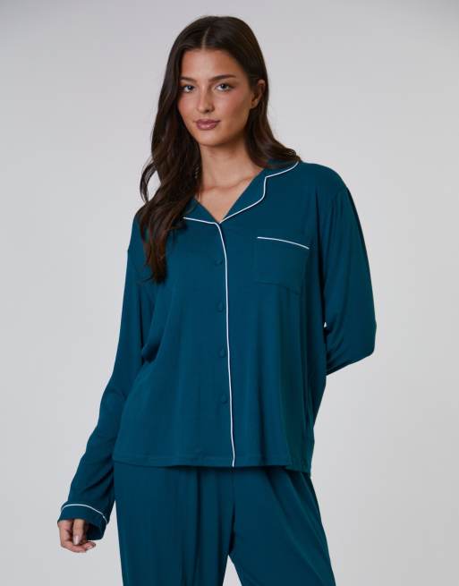 Loungeable - Pigiama verde a coste con pantaloni lunghi e camicia tradizionale a maniche lunghe, 4 di 7