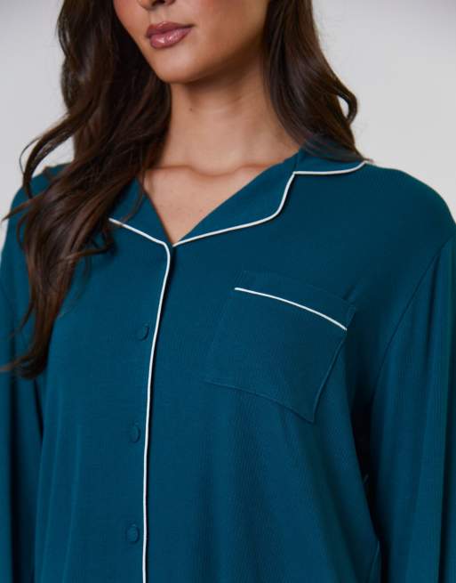 Loungeable - Pigiama verde a coste con pantaloni lunghi e camicia tradizionale a maniche lunghe, 5 di 7