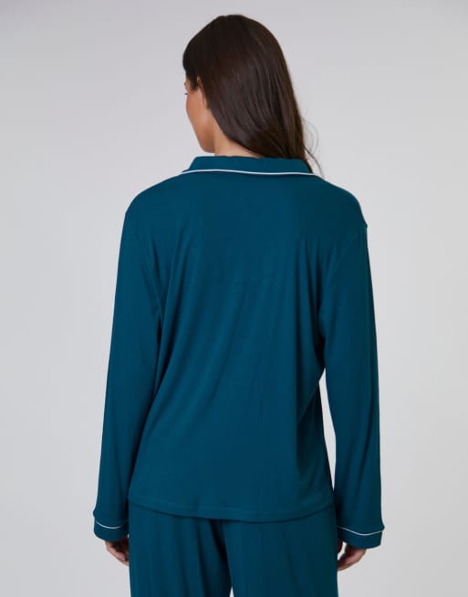 Loungeable - Pigiama verde a coste con pantaloni lunghi e camicia tradizionale a maniche lunghe, 6 di 7