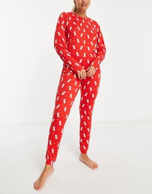 Loungeable pigs in blankets printed long sleeve pyjama set in red