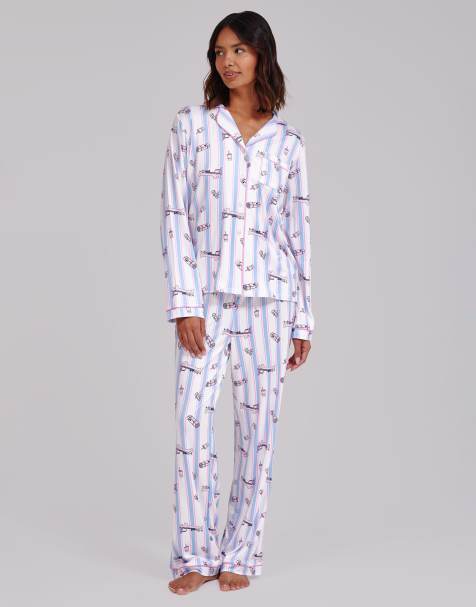 Loungeable Pilates super soft long sleeve bow tie pyjama set in pink - view 1