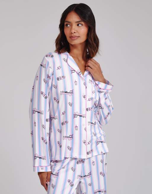 Loungeable Pilates super soft long sleeve bow tie pyjama set in pink, 2 of 4