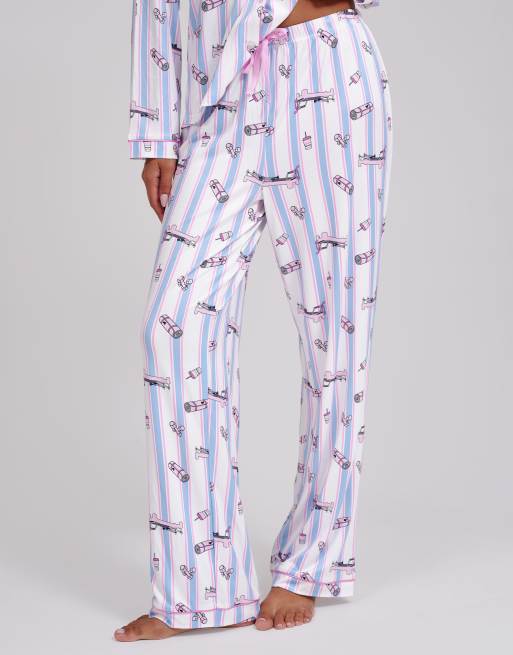 Loungeable Pilates super soft long sleeve bow tie pyjama set in pink, 3 of 4