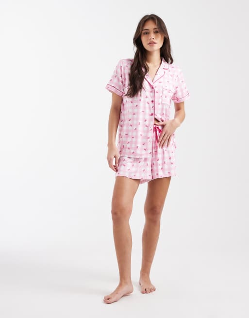 Loungeable pink check supersoft jersey short sleeve shirt & shorts pyjama set in bow print, 4 of 4