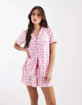 Loungeable pink gingham supersoft jersey short sleeve shirt & shorts pajama set 