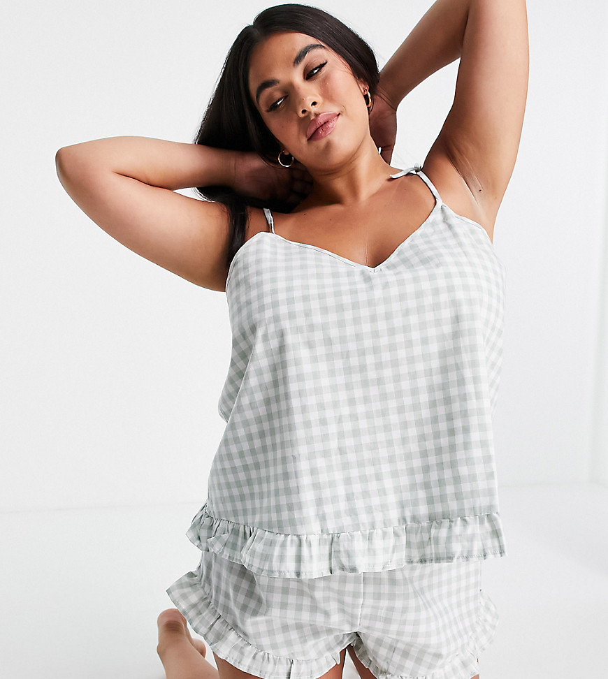 Loungeable Plus frill cami and short pajama set in sage gingham-Green