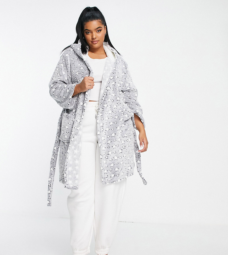 Plus hooded robe with sherpa lining in gray multi star