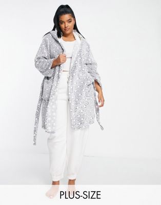 Loungeable Plus hooded robe with sherpa lining in grey multi star