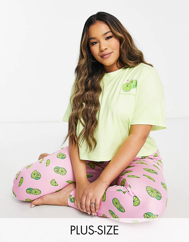 Loungeable - plus lime cropped pyjama set in green and pink
