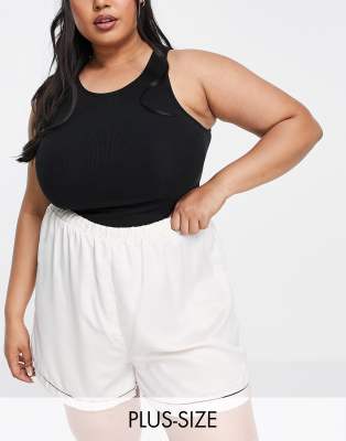 Loungeable Plus mix and match satin pyjama shorts in cream with black piping - ASOS Price Checker
