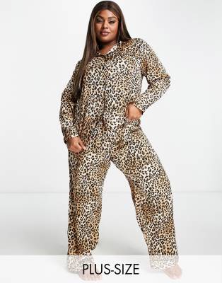 Loungeable Plus - Pigiama lungo in raso con stampa leopardata-Marrone - Loungeable intimo donna Marrone
