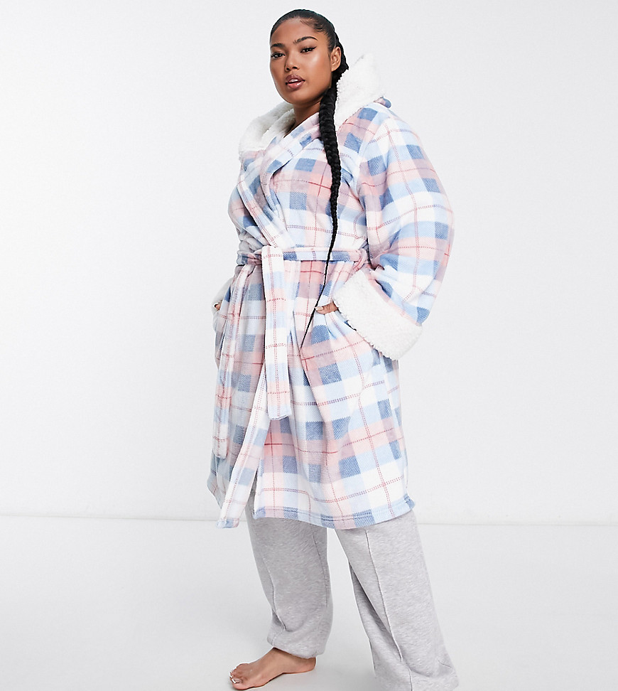 Loungeable Plus Robe With Sherpa Lining In Pink And Blue Check