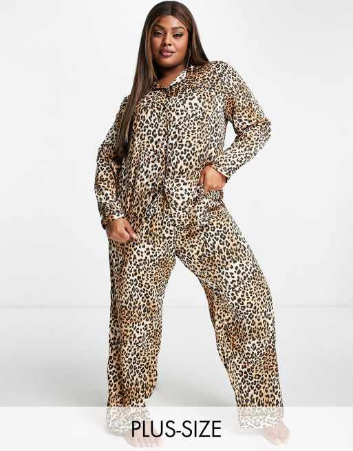 Loungeable Plus satin long pajama set in leopard print