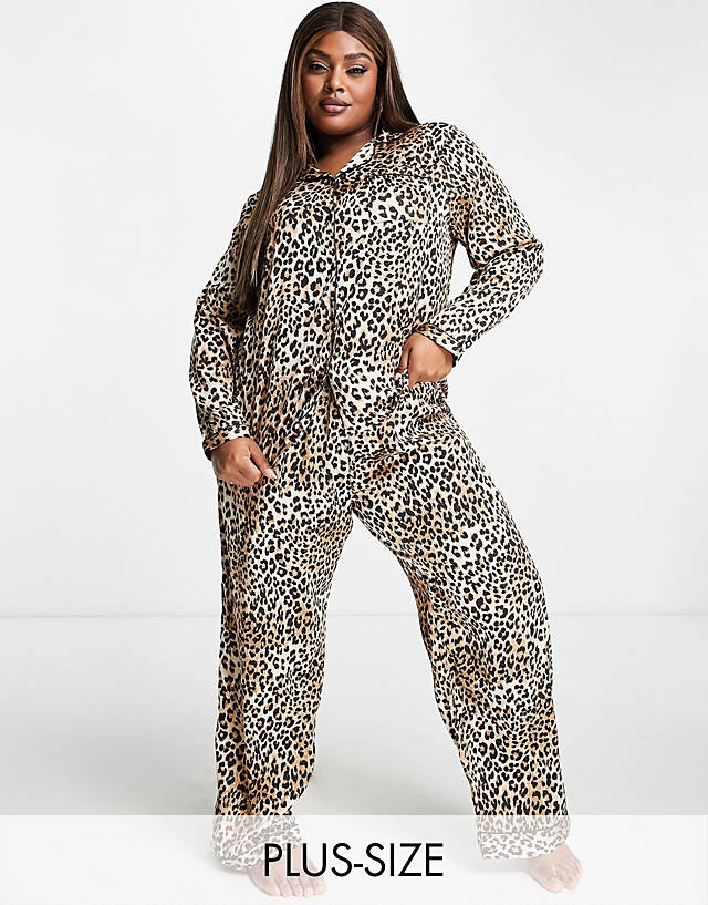 Loungeable - plus satin long pyjama set in leopard print