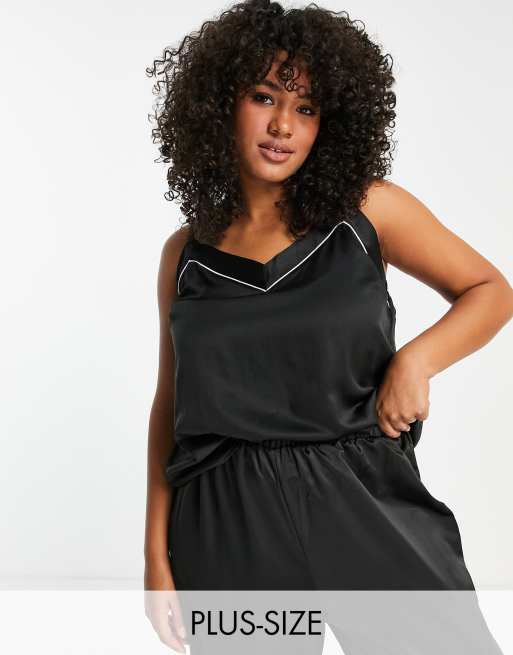 Loungeable Plus satin pajama set in black ASOS