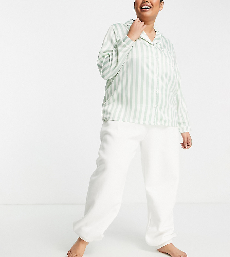 Loungeable Plus satin pajama shirt in sage green and cream stripe