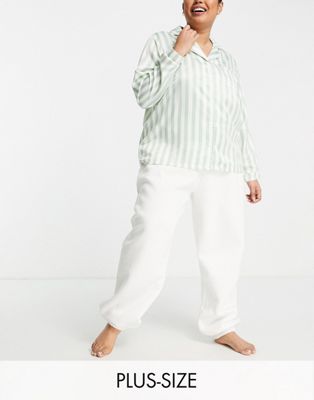 Loungeable Plus satin pyjama shirt in sage green and cream stripe