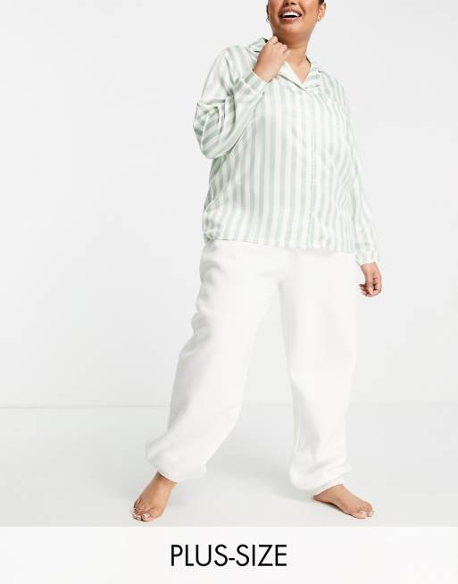 Loungeable Plus satin pyjama shirt in sage green and cream stripe