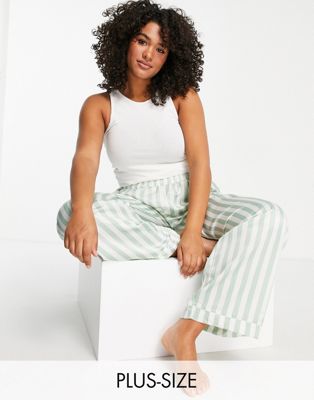 Loungeable Plus satin pyjama trousers in sage green and cream stripe CO-ORD