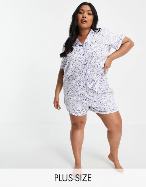 Loungeable Plus satin shorts pajama set in blue floral print ASOS