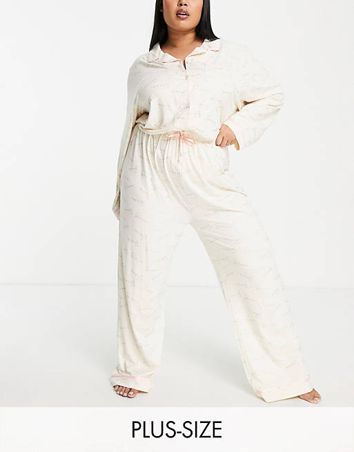 Loungeable Plus shhh foil print button through pyjama set in cream