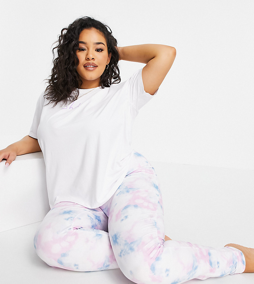 Loungeable Plus shhh t shirt and legging pajama set in pastel tie dye-Multi