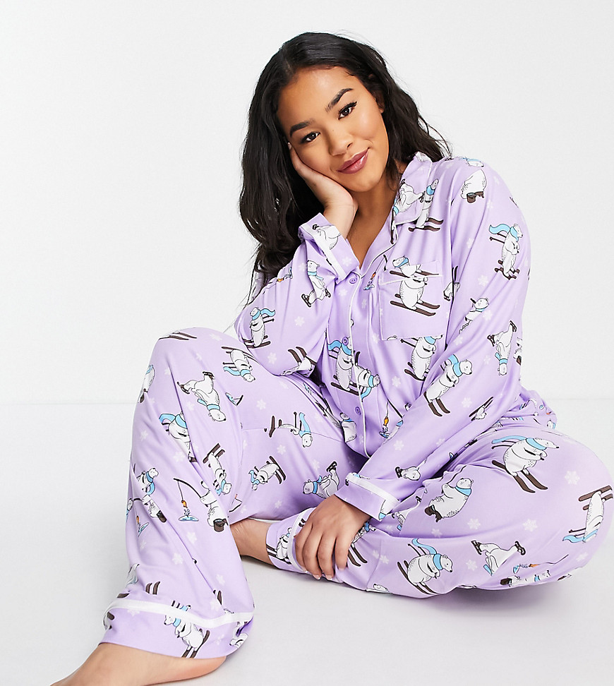 Loungeable Plus skiing polar bear pajama set in lilac-Purple