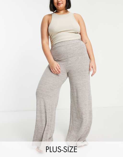 Loungeable Plus soft knit wide leg lounge pants in khaki marl