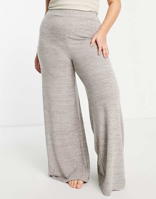 Loungeable Plus soft knit wide leg lounge pants in khaki marl