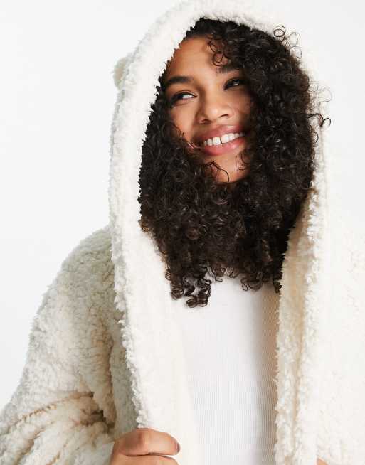 Loungeable Plus soft sherpa hooded robe with ears in cream