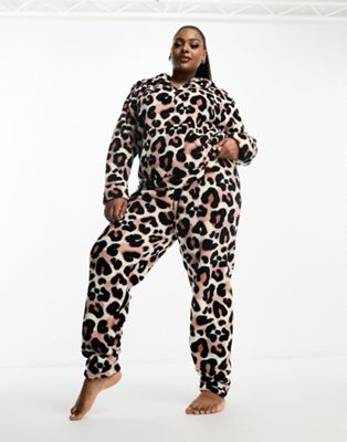 Loungeable Plus soft touch leopard print 1/4 zip hoodie lounge set in brown - ASOS Price Checker