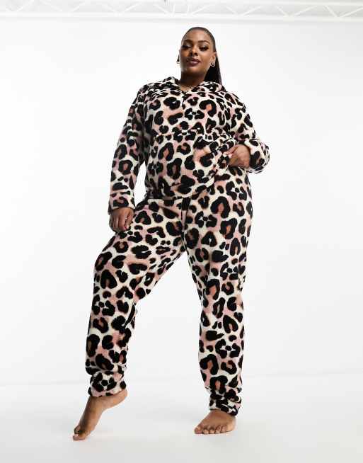 Loungeable Plus soft touch leopard print 1/4 zip hoodie lounge set