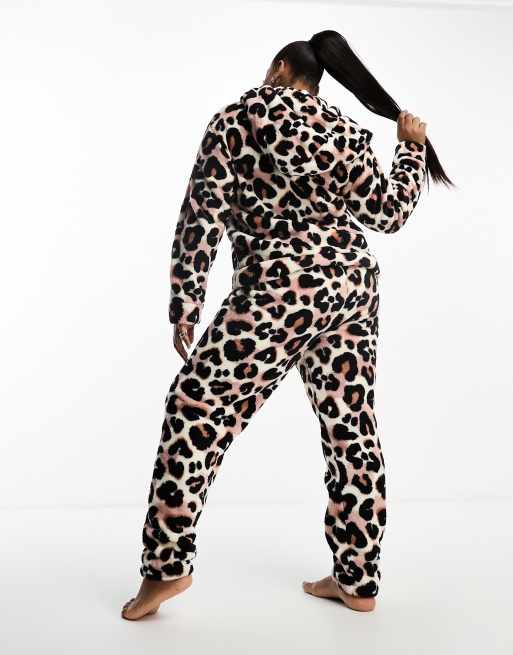Loungeable Plus soft touch leopard print 1/4 zip hoodie lounge set in brown, 2 of 4