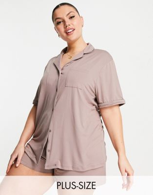 Loungeable Plus supersoft short pyjama set with satin piping in mink