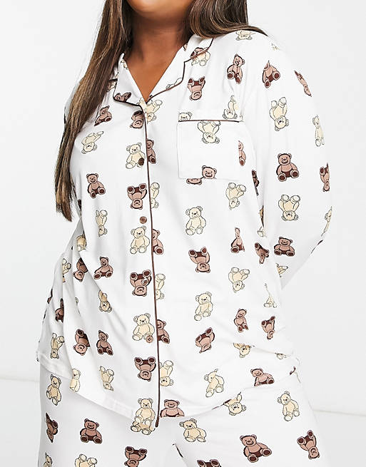 Loungeable Plus teddy bear long shirt and trousers pyjama set in